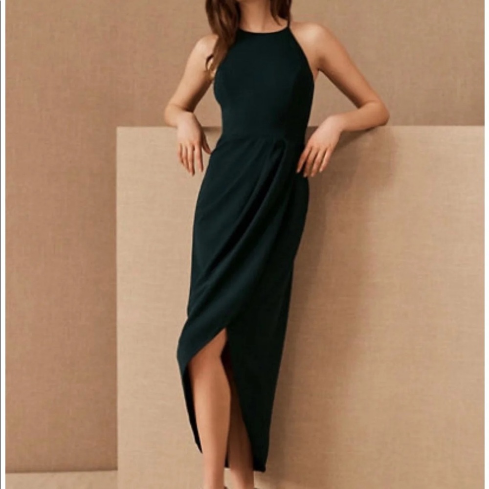 BHLDN Marceau High-Low Crepe Dress in Dark Emerald